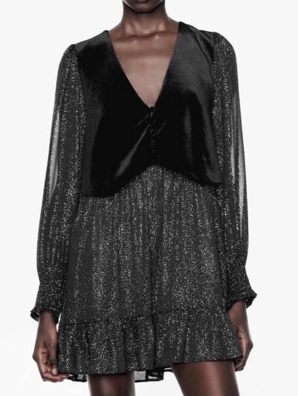 NWT Zara Velvet Combo Shimmer Long-Sleeve Mini Dress In Black - M